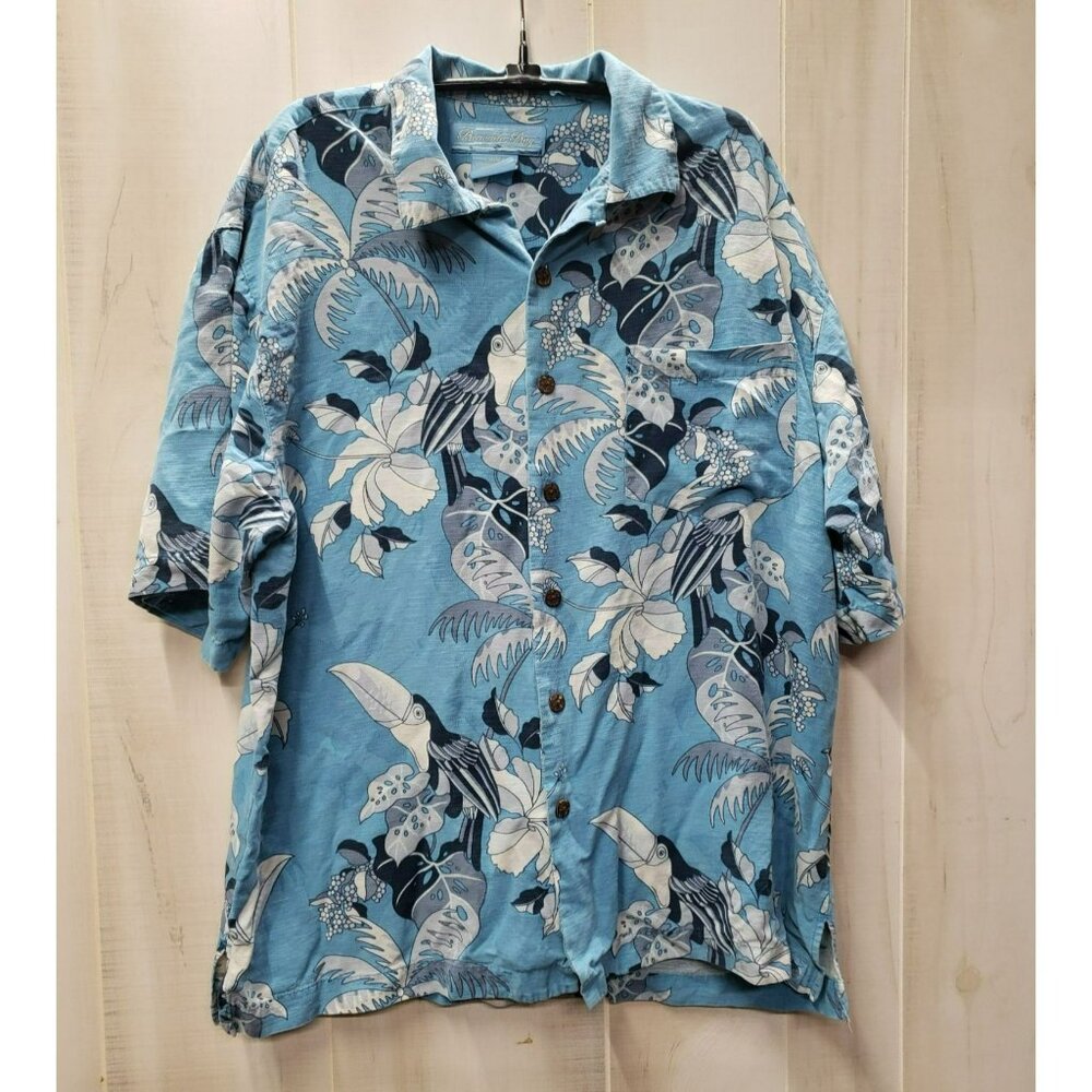 Bermuda Bay Hawaiian Tropical Button SS Silk Shirt Blue floral Toucans Medium M
